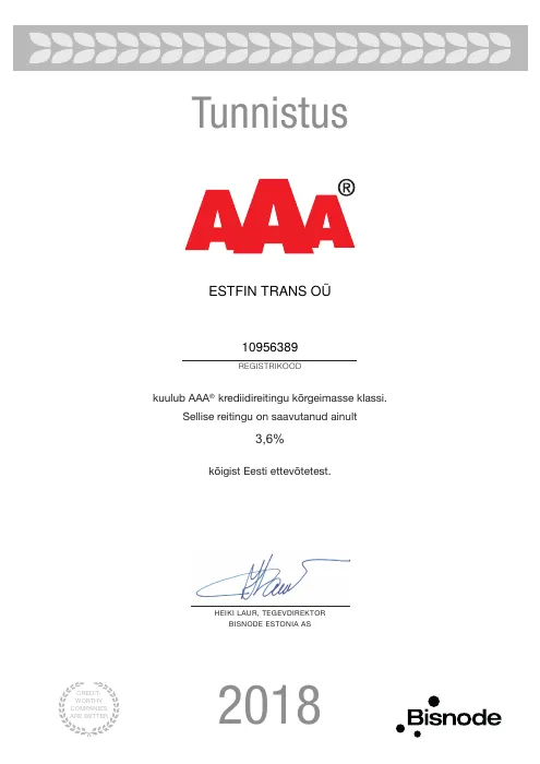Bisnode sertifikaat 2018