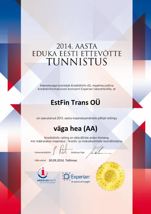 Eduka ettevõtte tunnistus 2014